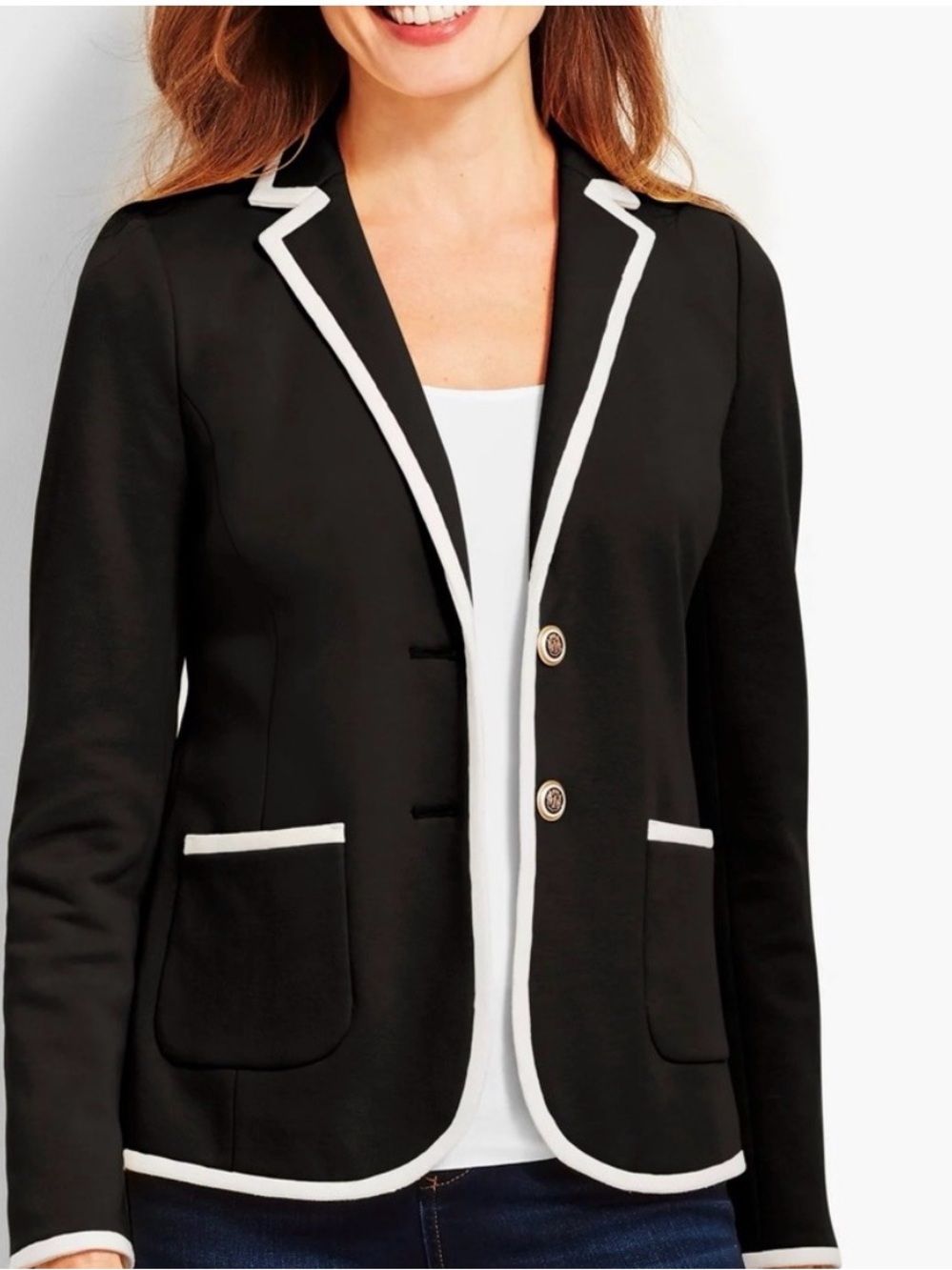 Talbots Aberdeen Black Pique Knit White Trim Blazer|12